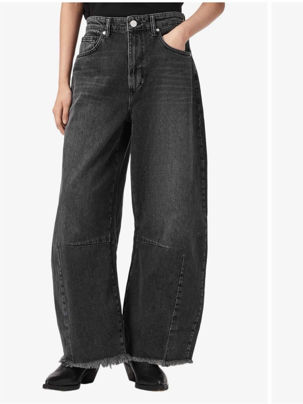 AllSaints Black Wide-Leg High-Rise Jeans with Frayed Hem
